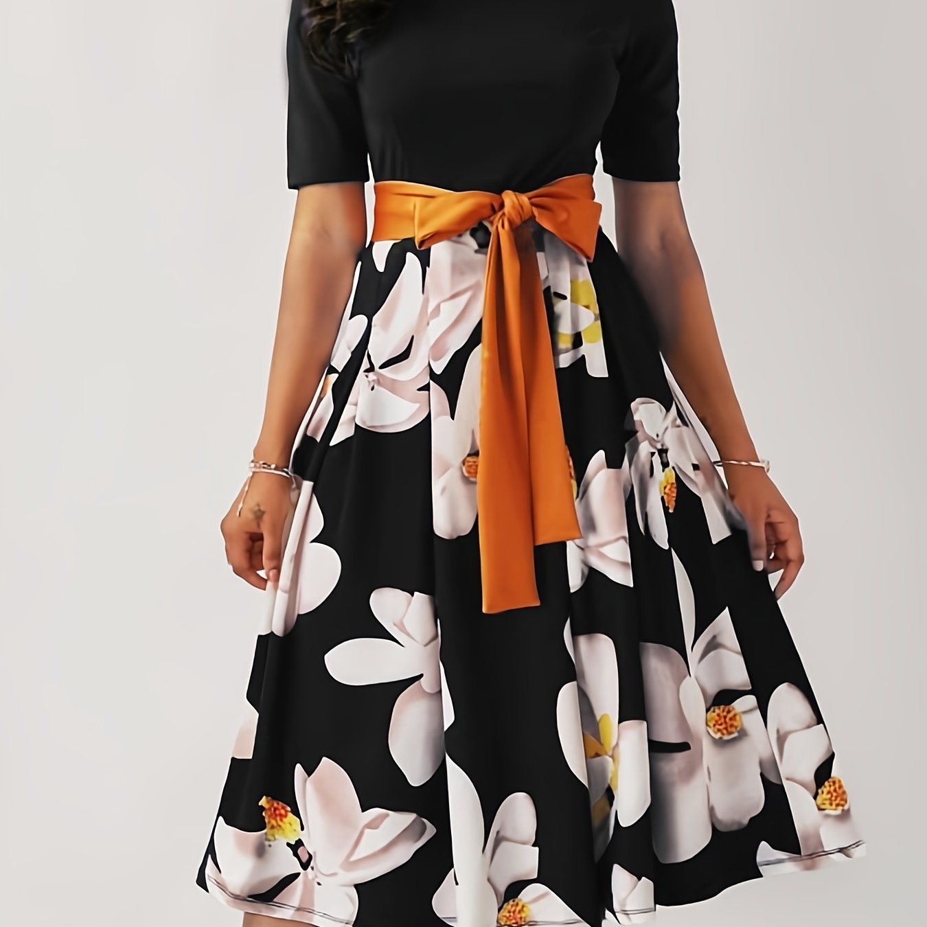 Floral Print Round Neck Short Sleeve Tie Waist Dress; Ruffled Hem Elegant Pockets Party Dress