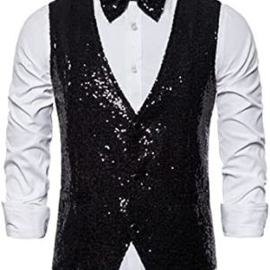 Men's Fashion Sequin Vests Slim Fit Bow Vests Solid Color Single Breasted Host Dress