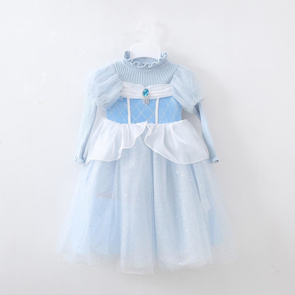 Girls' Light Blue Sweater Knitted Long Sleeve Mesh Dress Halloween Kids' Dress