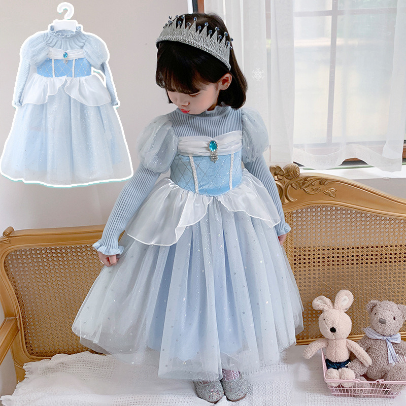 Girls' Light Blue Sweater Knitted Long Sleeve Mesh Dress Halloween Kids' Dress