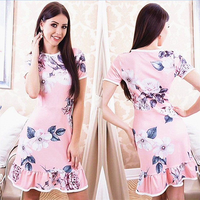 Summer new women's flower print short-sleeved slim ruffled stitching dress