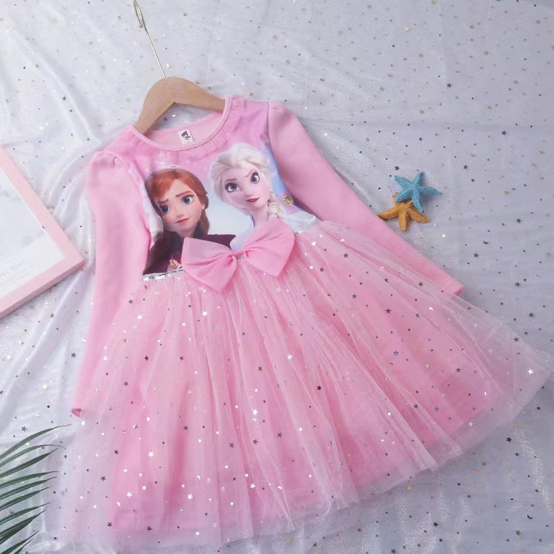 Girls Princess Elsa Fall Dresses Long Sleeve Anna Dresses Kids Birthday Party Prom Dress