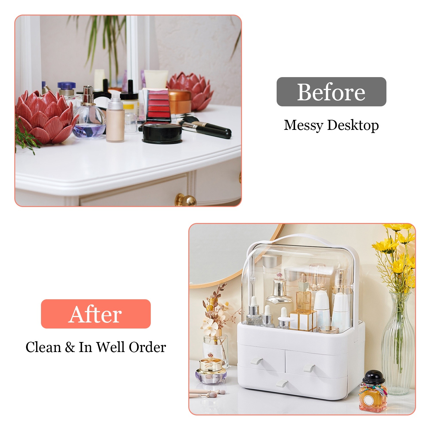 3 Tiers Makeup Organizer Cosmetic Storage Box with Dustproof Waterproof Lid Portable Handle Drawers Cosmetic Display Case for Bathroom Bedroom Dressing Room White