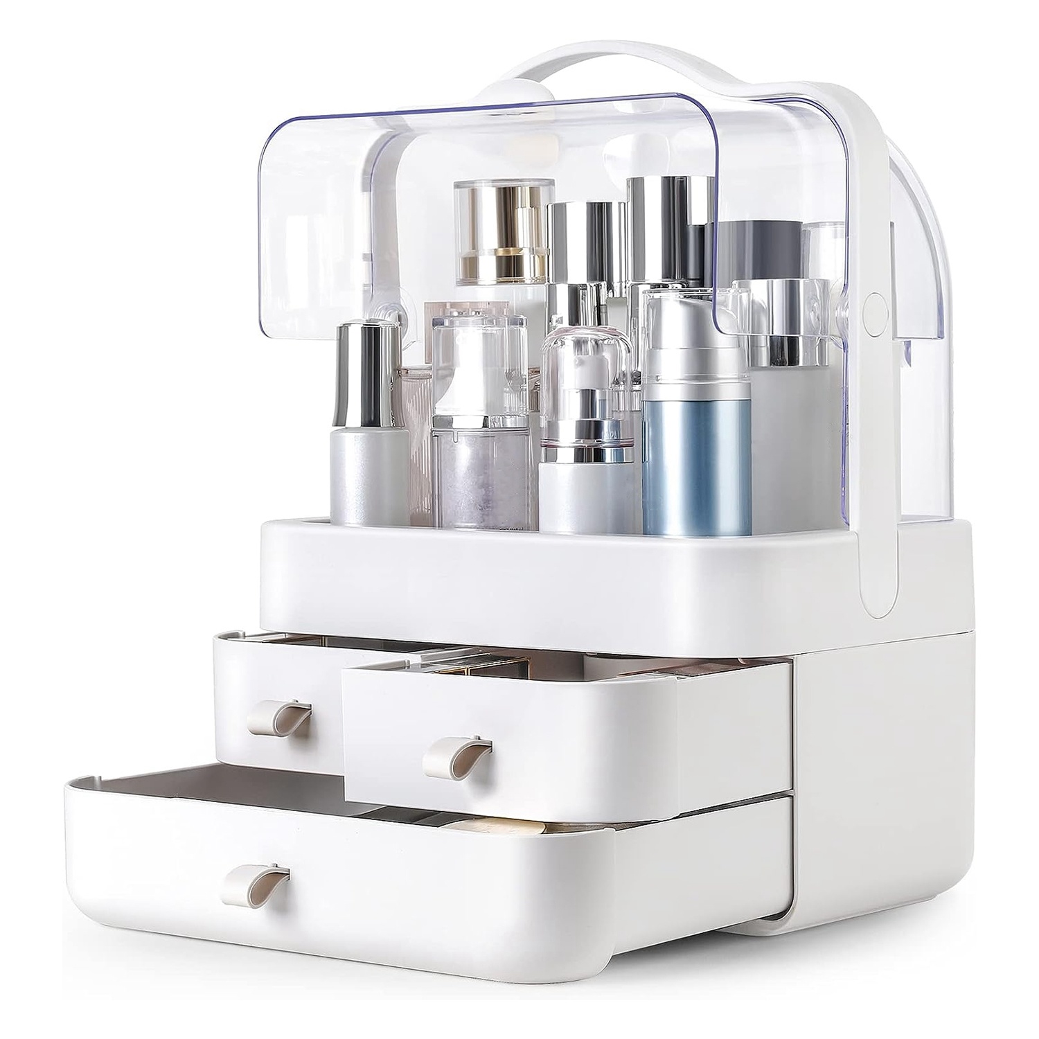 3 Tiers Makeup Organizer Cosmetic Storage Box with Dustproof Waterproof Lid Portable Handle Drawers Cosmetic Display Case for Bathroom Bedroom Dressing Room White